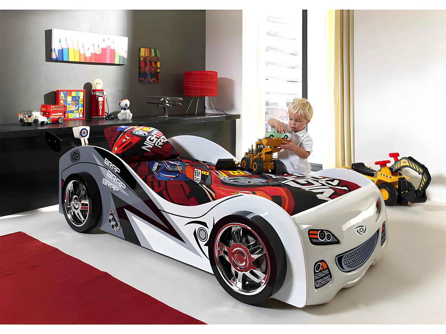Lit Enfant Voiture "Brap" 90x200cm Blanc
