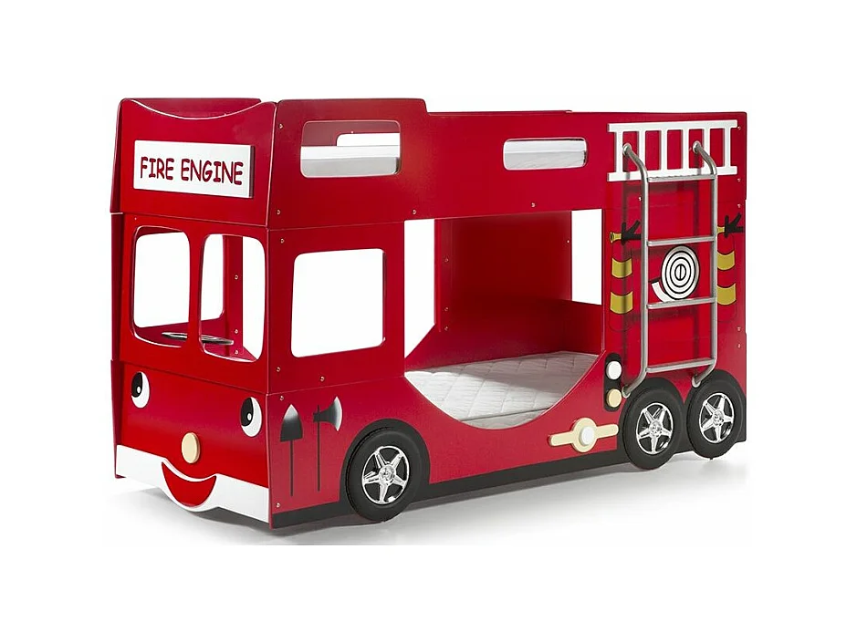 Litera camión de bomberos 90x200 cm madera lacada roja Cara