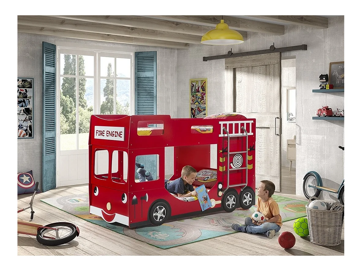 Litera camión de bomberos 90x200 cm madera lacada roja Cara