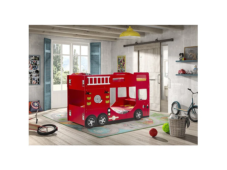 Litera camión de bomberos 90x200 cm madera lacada roja Cara