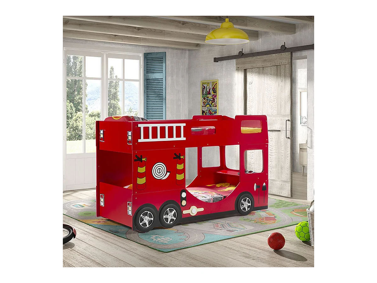Litera camión de bomberos 90x200 cm madera lacada roja Cara