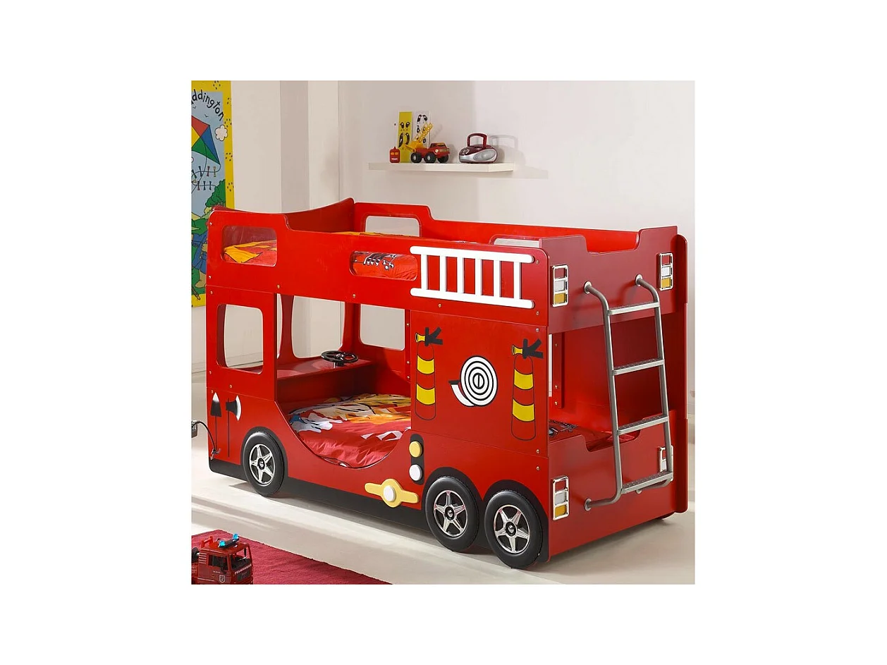 Litera camión de bomberos 90x200 cm madera lacada roja Cara