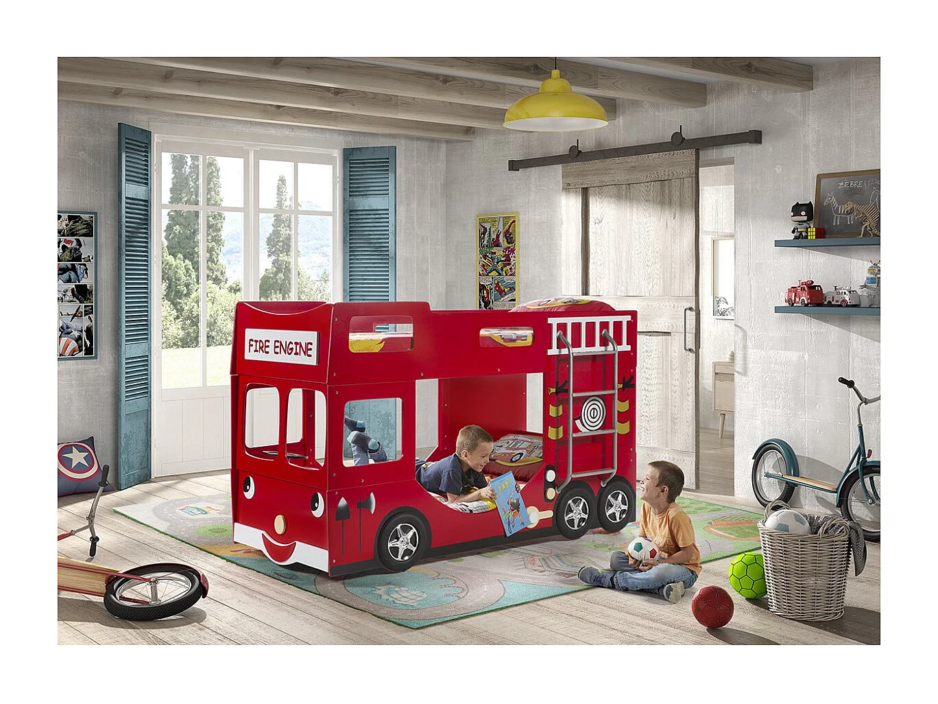 Lit Superposé Enfant "Pompier" 90x200cm Rouge