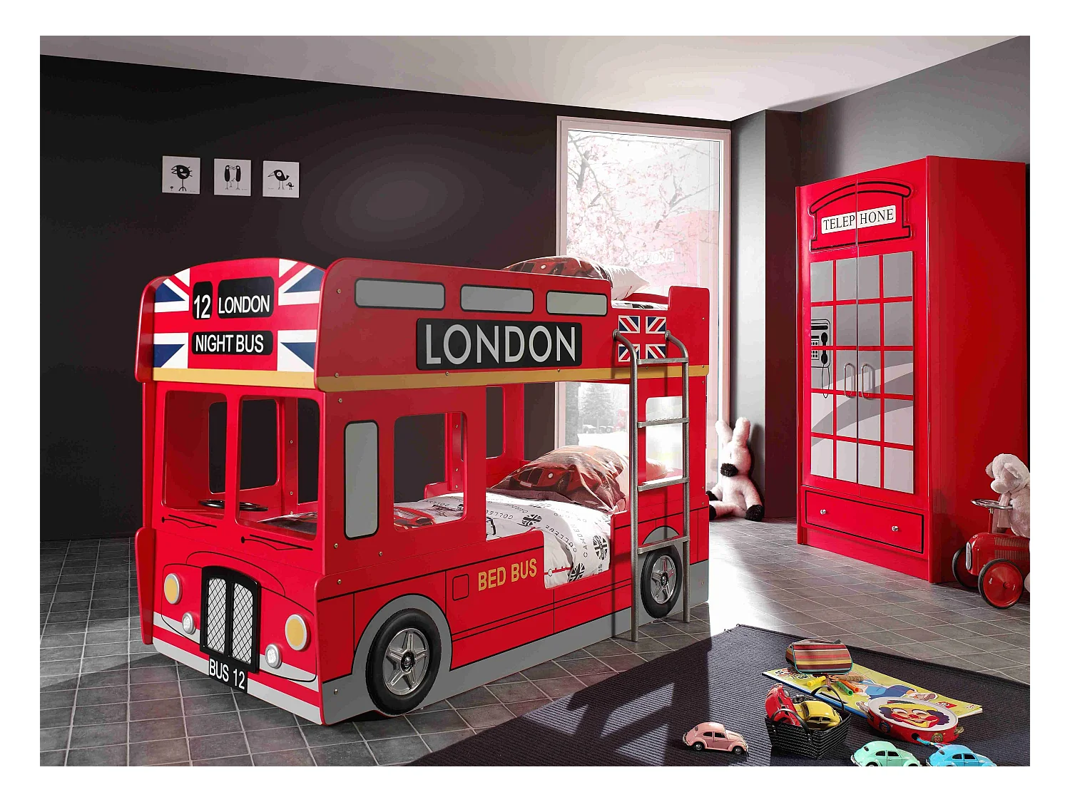 Lit Superposé Enfant Bus "Londres" 90x200cm Rouge