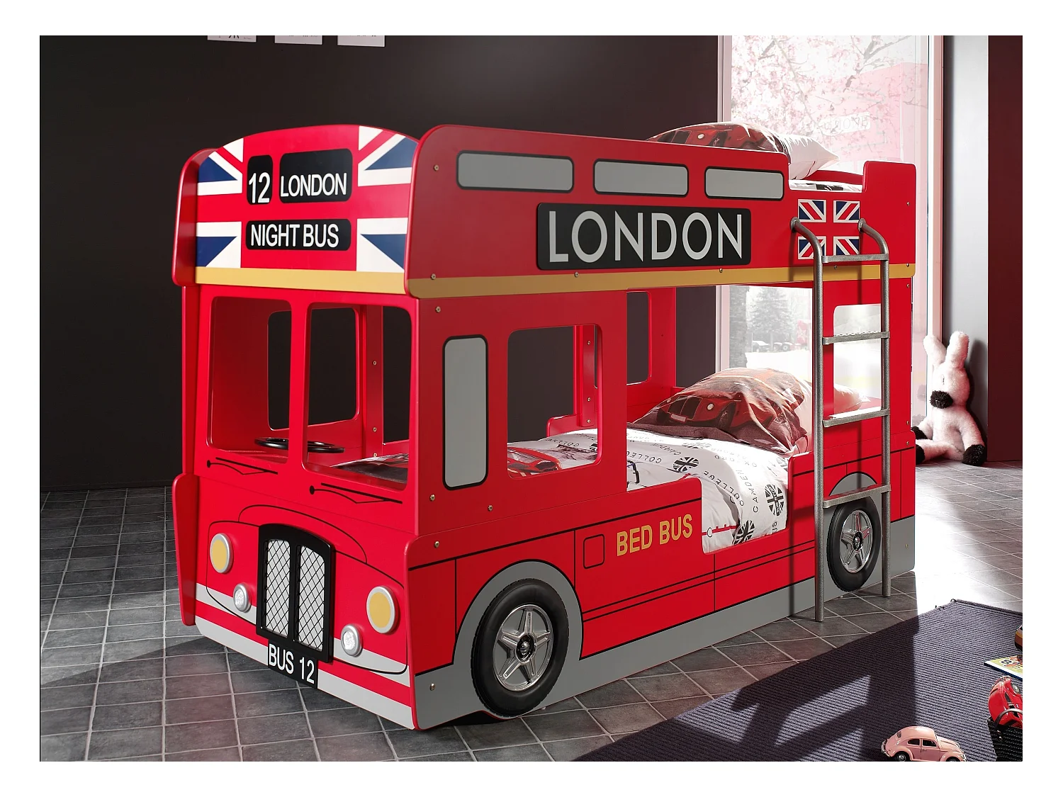 Lit Superposé Enfant Bus "Londres" 90x200cm Rouge