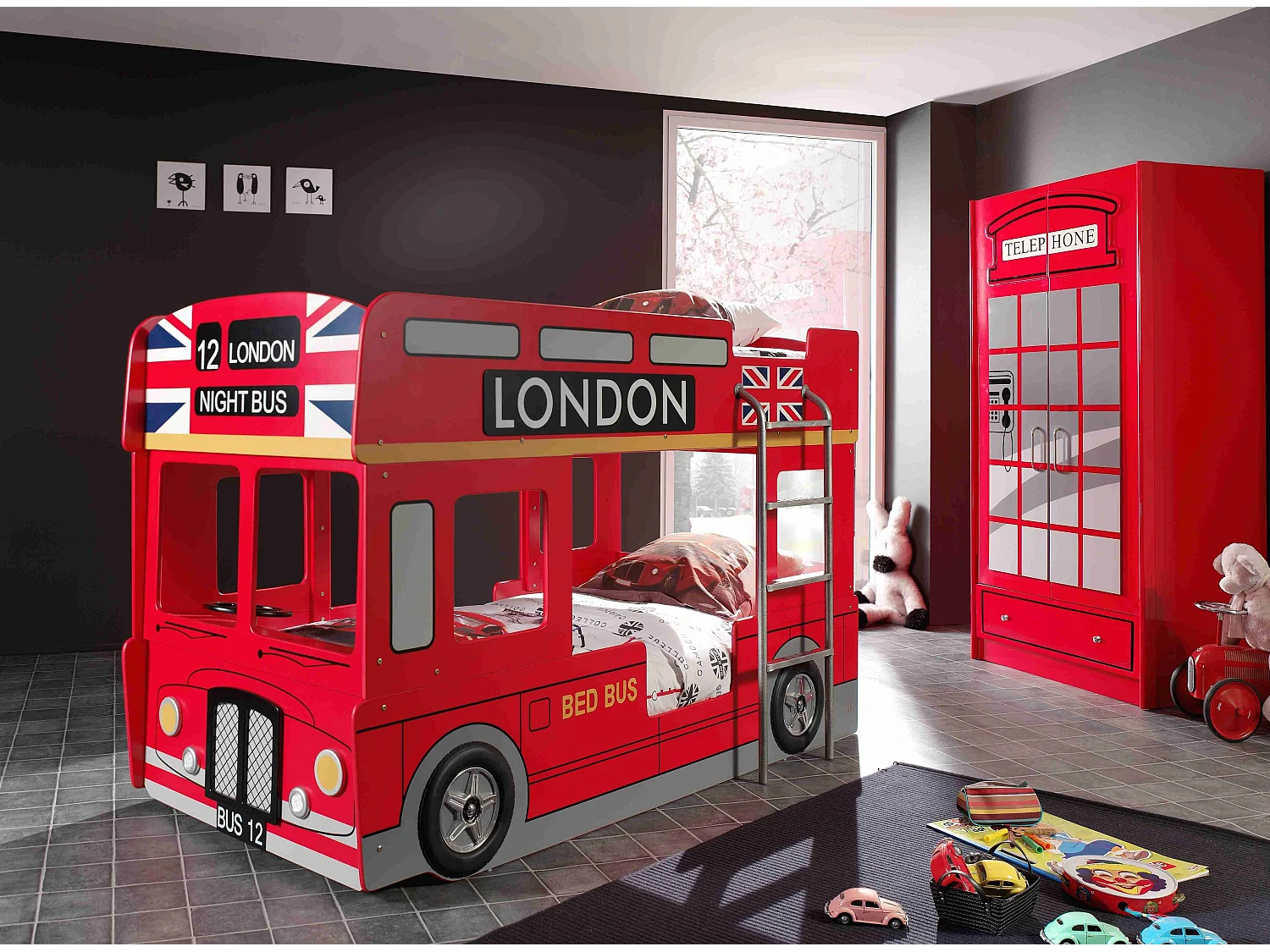 Lit Superposé Enfant Bus "Londres" 90x200cm Rouge