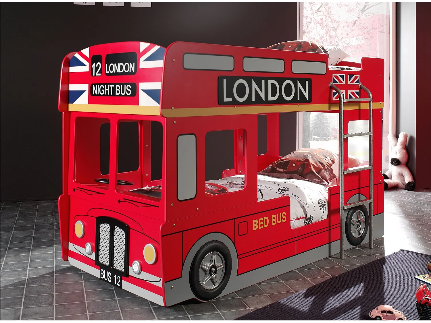 Lit Superposé Enfant Bus "Londres" 90x200cm Rouge