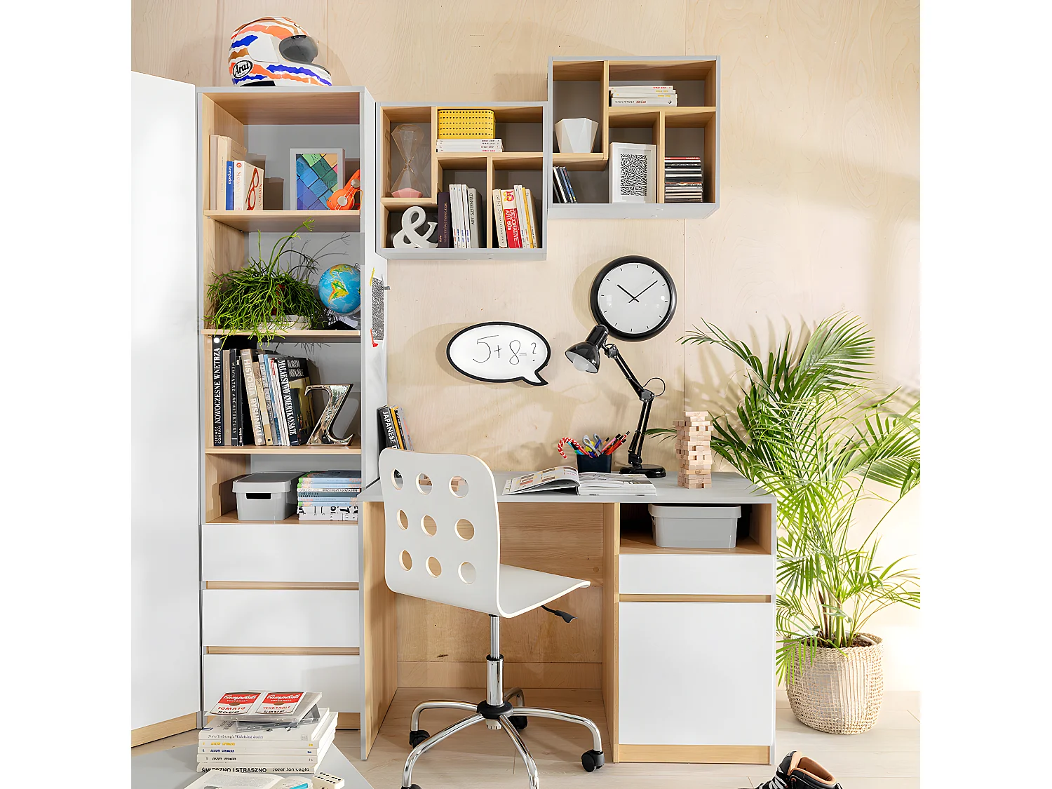 Bibliothèque 3 tiroirs Pop Gris et Blanc