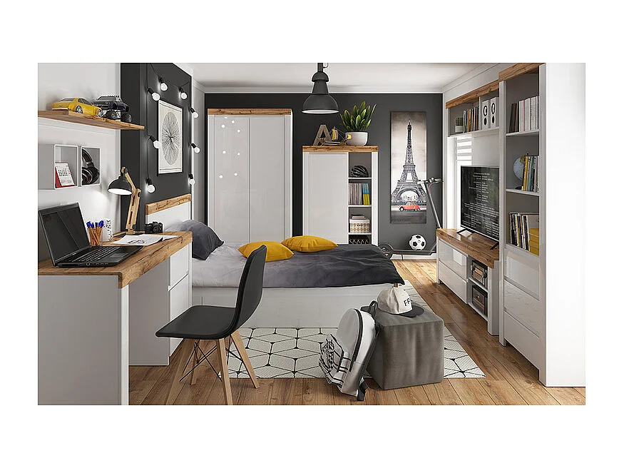 Bibliothèque 3 tiroirs Hella Blanc et Bois