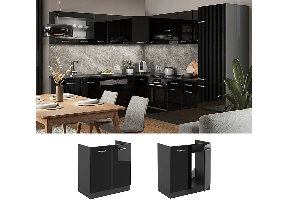 Meuble bas sous-évier noir haute brillance 80x46x81.6 r-line