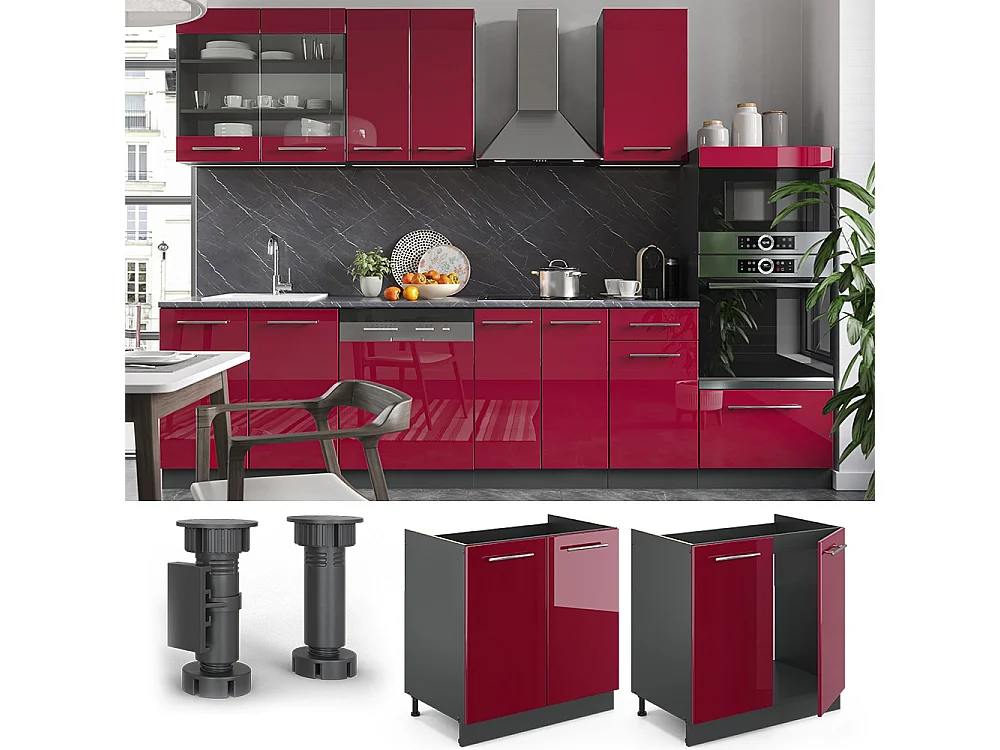 Meuble bas sous-évier rouge bordeaux haute brillance 80x60x82 fame-line
