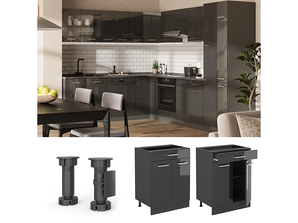 Meuble cuisine anthracite haute brillance 60x46x81.6 r-line