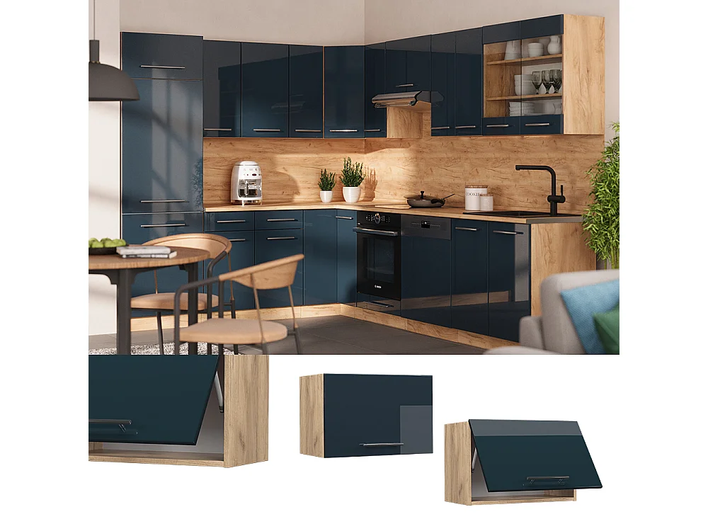 Elément haut de cuisine bleu foncé brillant 60x34.1x40 fame-line