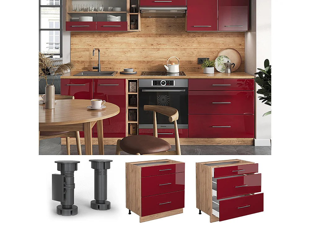 Mueble bajo de cocina rojo burdeos alto brillo 80x60x82 fame-line