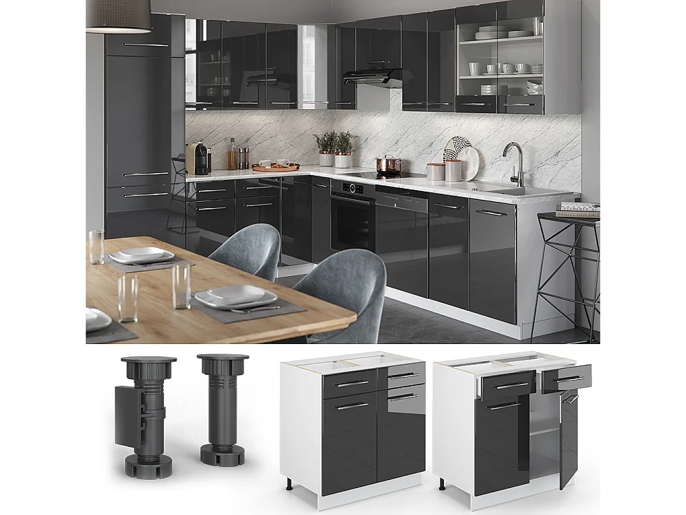 Meuble cuisine anthracite haute brillance 80x51.6x82 fame-line