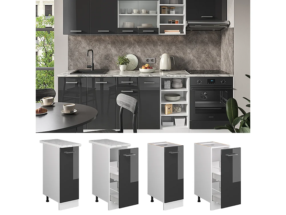 Meuble de cuisine anthracite haute brillance 30x60x81.6 r-line