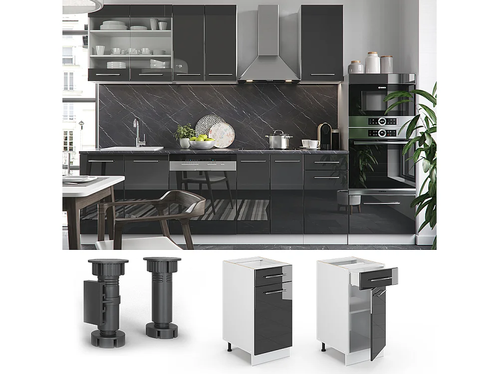 Meuble cuisine anthracite haute brillance 40x60x82 fame-line