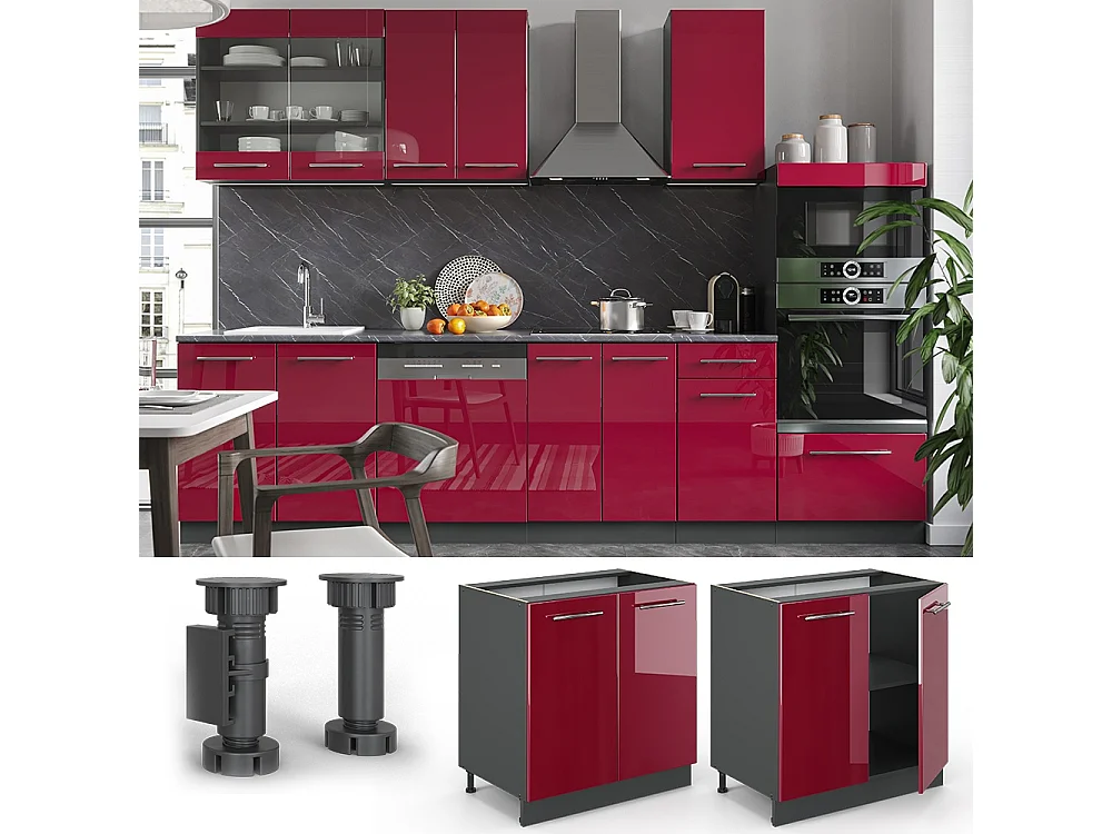 Meuble bas sous-évier rouge bordeaux haute brillance 80x60x82 fame-line