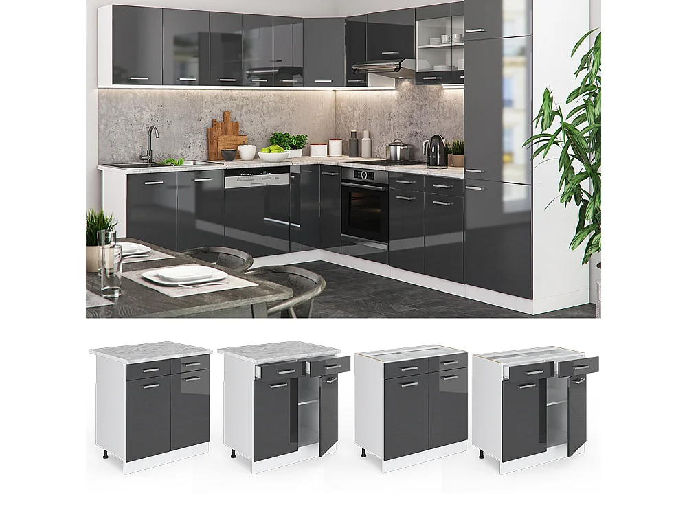 Mueble bajo de cocina antracita alto brillo 80x60x81.6 r-line