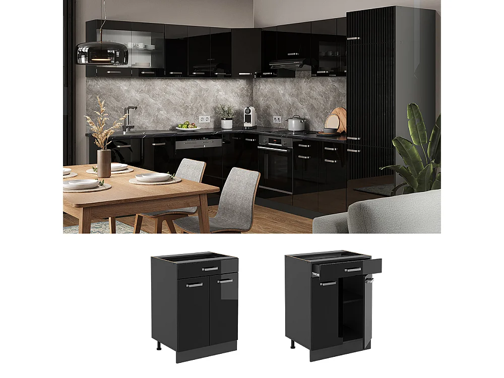 Meuble cuisine noir haute brillance 60x60x81.6 r-line