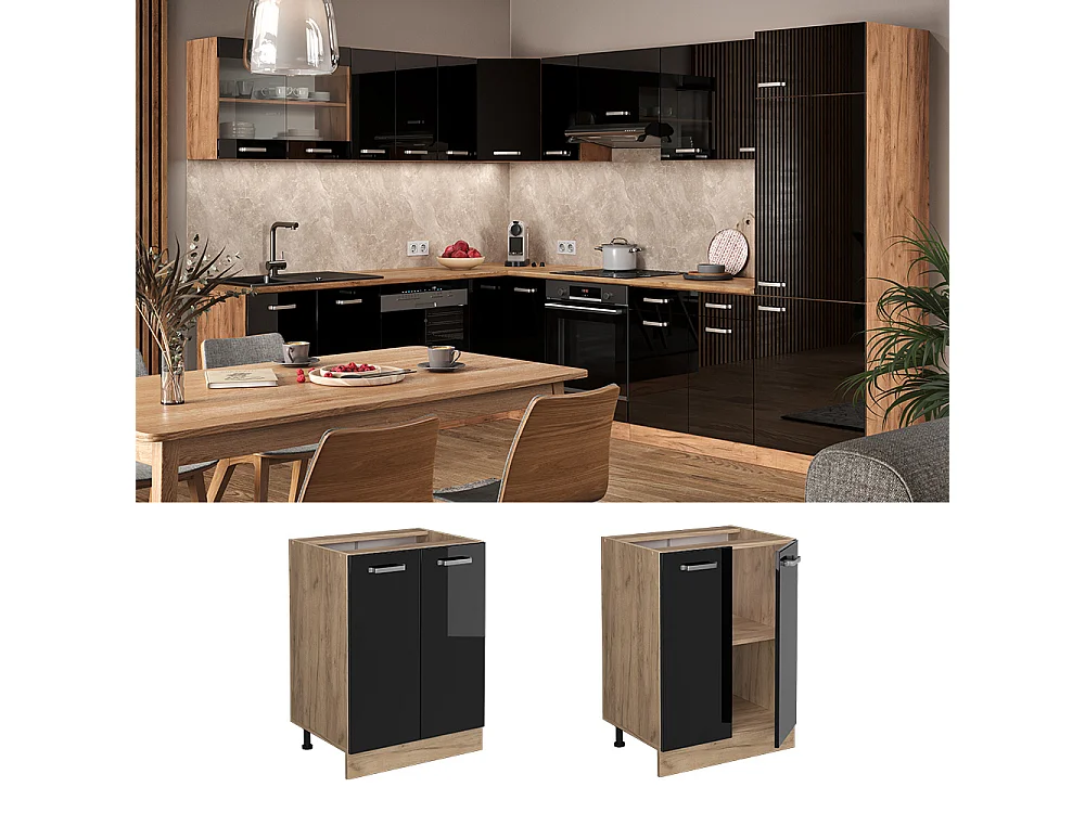 Meuble bas de cuisine noir haute brillance 60x46x81.6 r-line