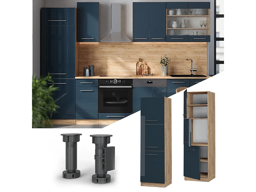 Armoire haute bleu foncé brillant/chêne doré 60x58.1x206.8 fame-line