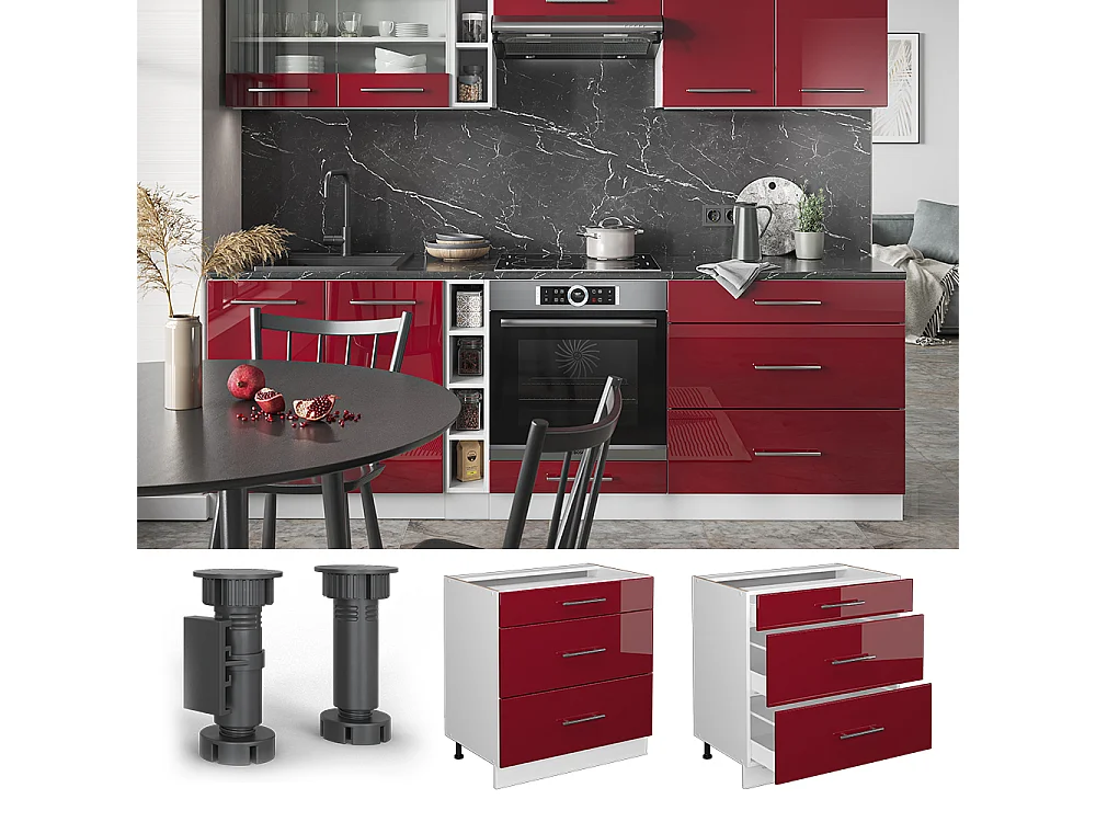 Mueble bajo de cocina rojo burdeos alto brillo 80x60x82 fame-line