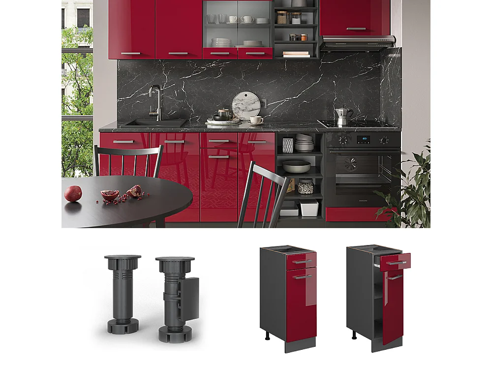 Mueble bajo de cocina rojo de alto brillo 30x60x81.6 r-line