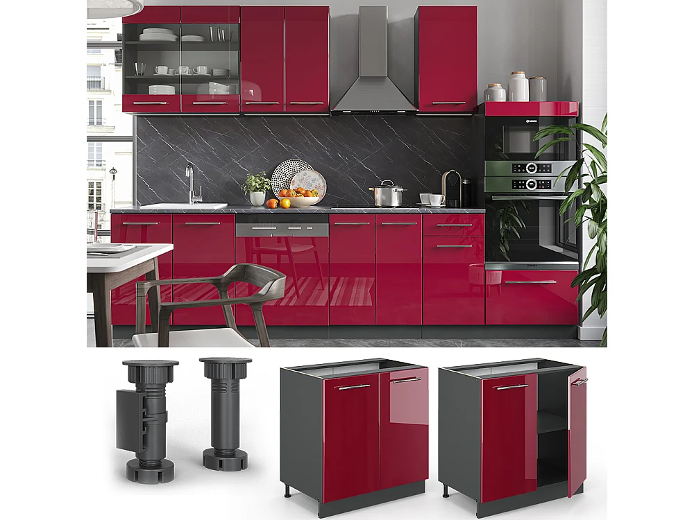 Meuble bas sous-évier rouge bordeaux haute brillance 80x60x82 fame-line