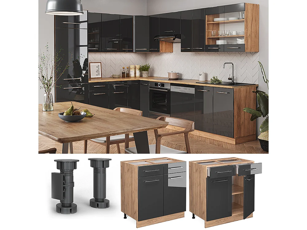 Meuble cuisine anthracite haute brillance 80x60x82 fame-line