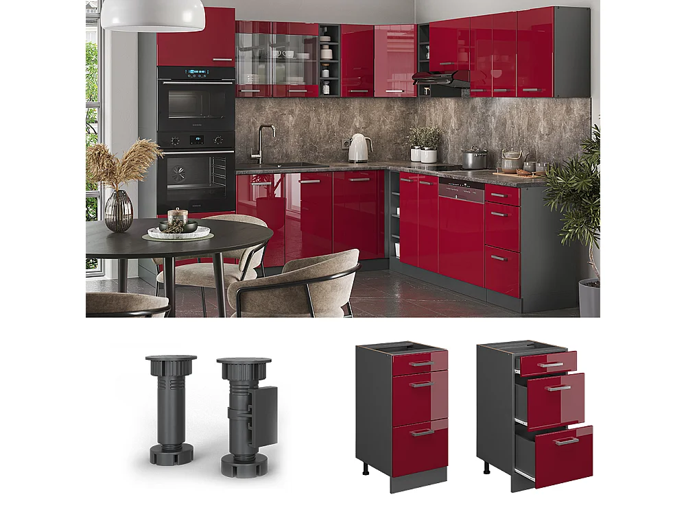 Mueble bajo de cocina rojo de alto brillo 40x60x81.6 r-line