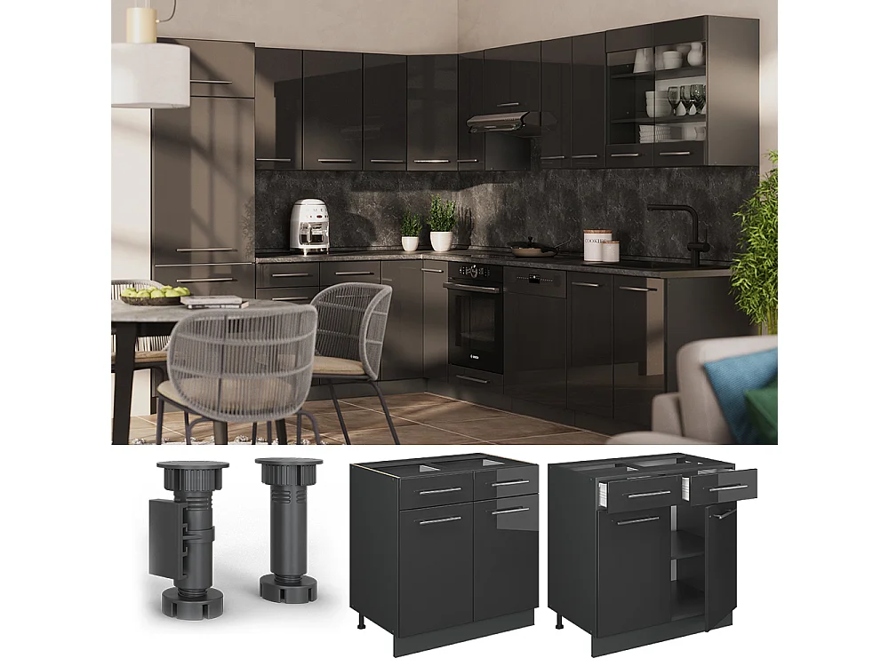 Meuble cuisine anthracite haute brillance 80x60x82 fame-line