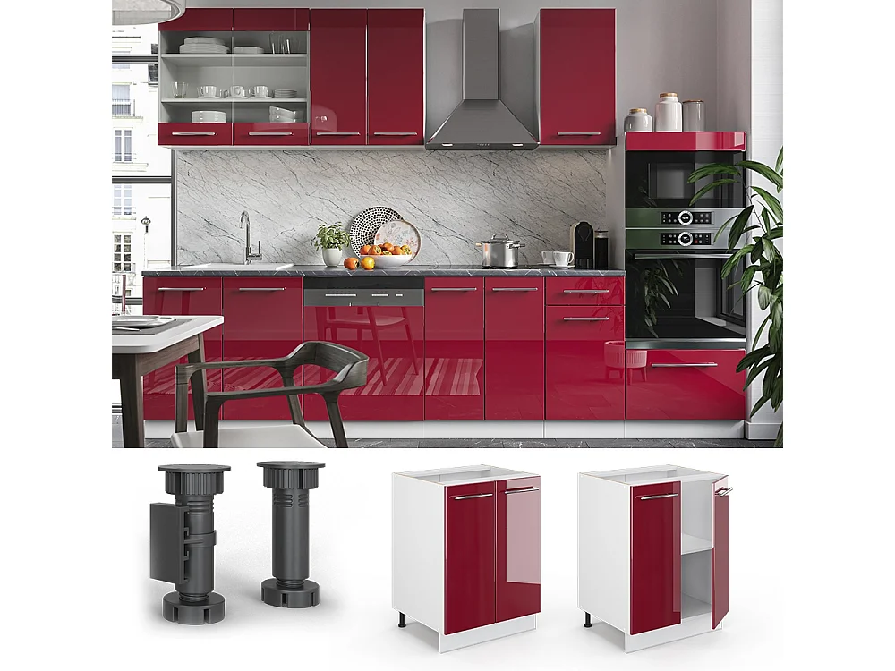 Mueble bajo de cocina rojo burdeos alto brillo 60x60x82 fame-line