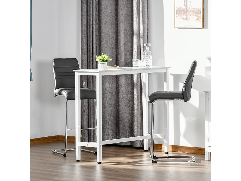 Table de bar - table haute de cuisine - dim. 120 x 40 x 100 cm - aspect marbre blanc acier blanc