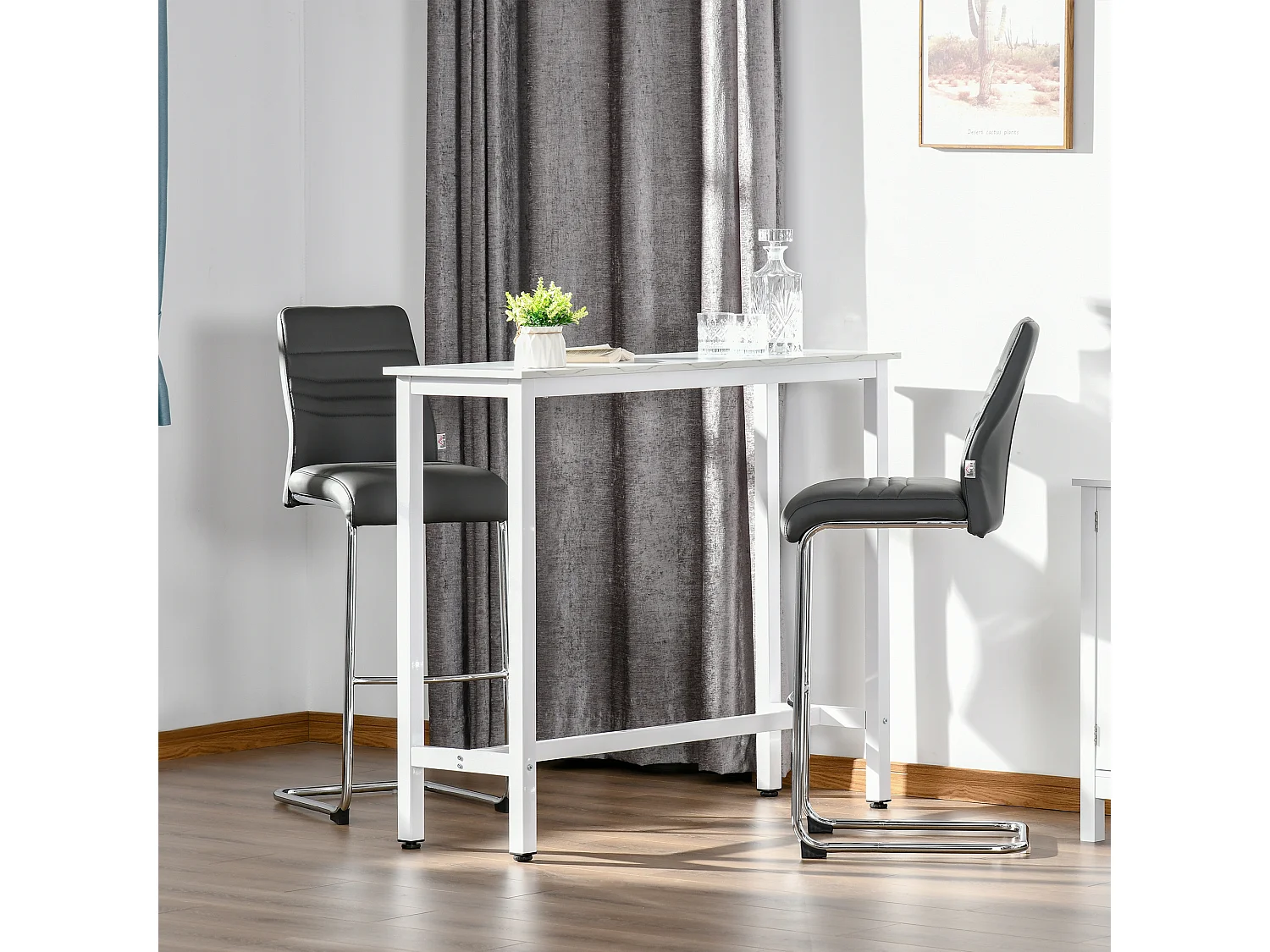 Table de bar - table haute de cuisine - dim. 120 x 40 x 100 cm - aspect marbre blanc acier blanc