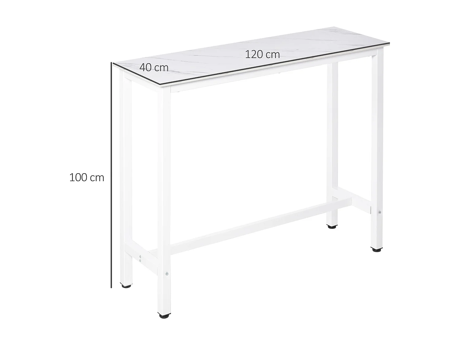 Table de bar - table haute de cuisine - dim. 120 x 40 x 100 cm - aspect marbre blanc acier blanc