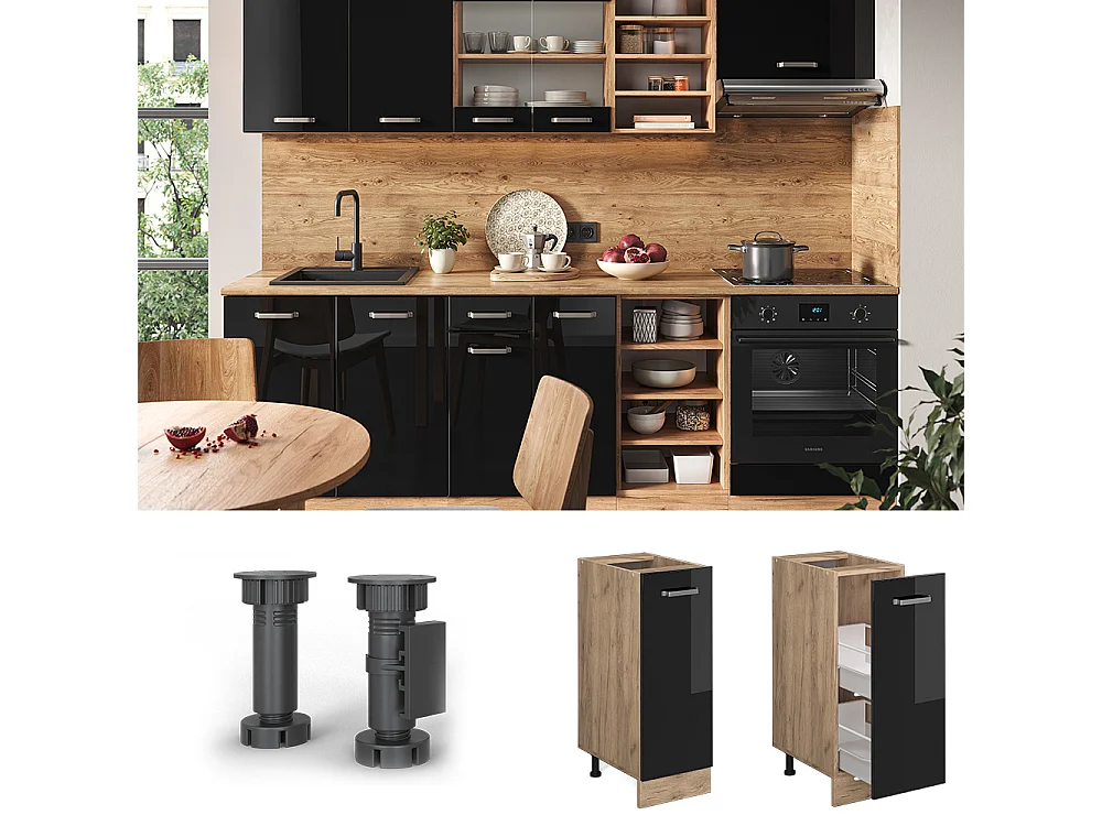 Meuble de cuisine noir haute brillance 30x60x81.6 r-line