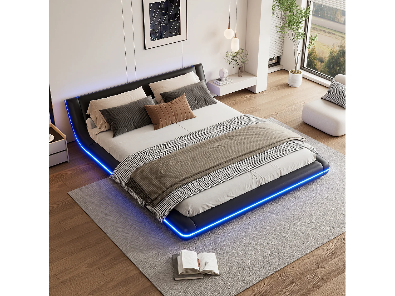 Platformbed 160x200 cm, PU vloerbed met LED-sfeerverlichting, afstandsbediening met 24 toetsen - zwart