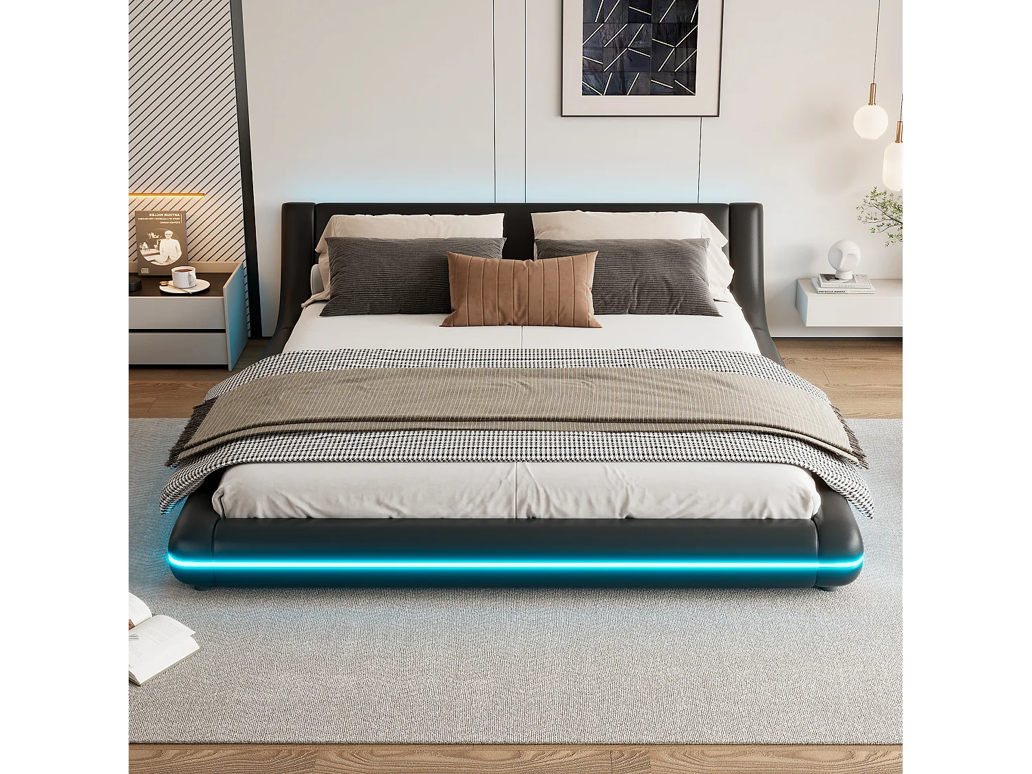 Platformbed 160x200 cm, PU vloerbed met LED-sfeerverlichting, afstandsbediening met 24 toetsen - zwart
