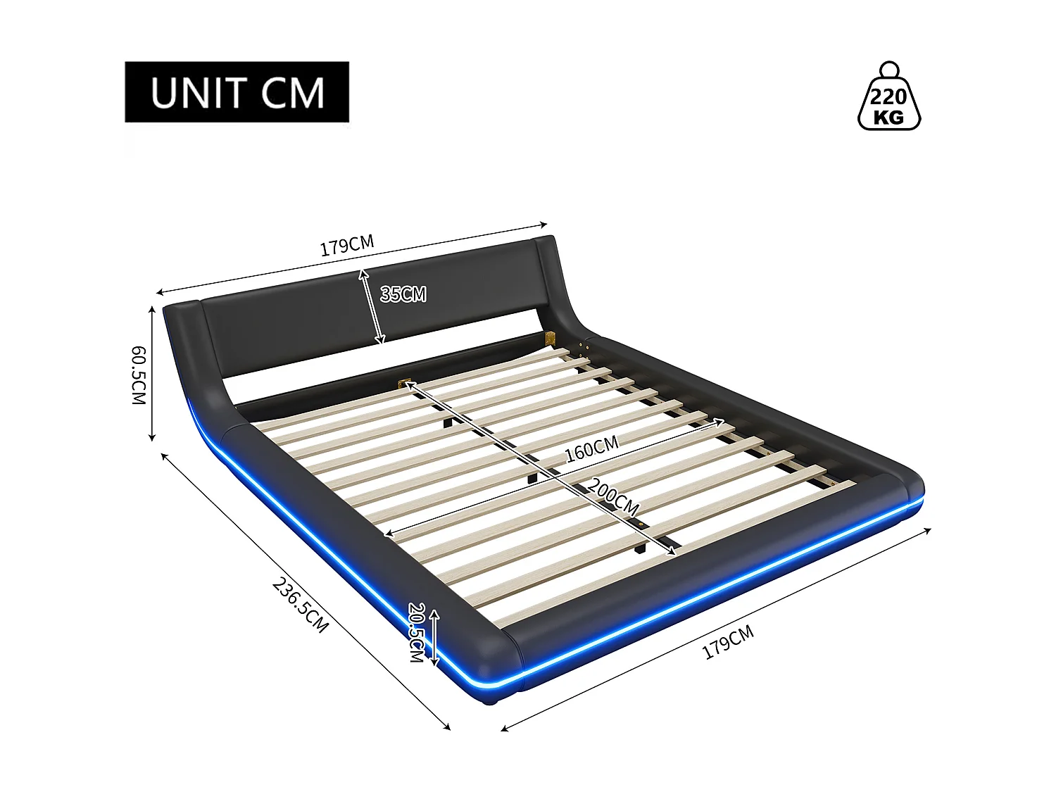 Platformbed 160x200 cm, PU vloerbed met LED-sfeerverlichting, afstandsbediening met 24 toetsen - zwart