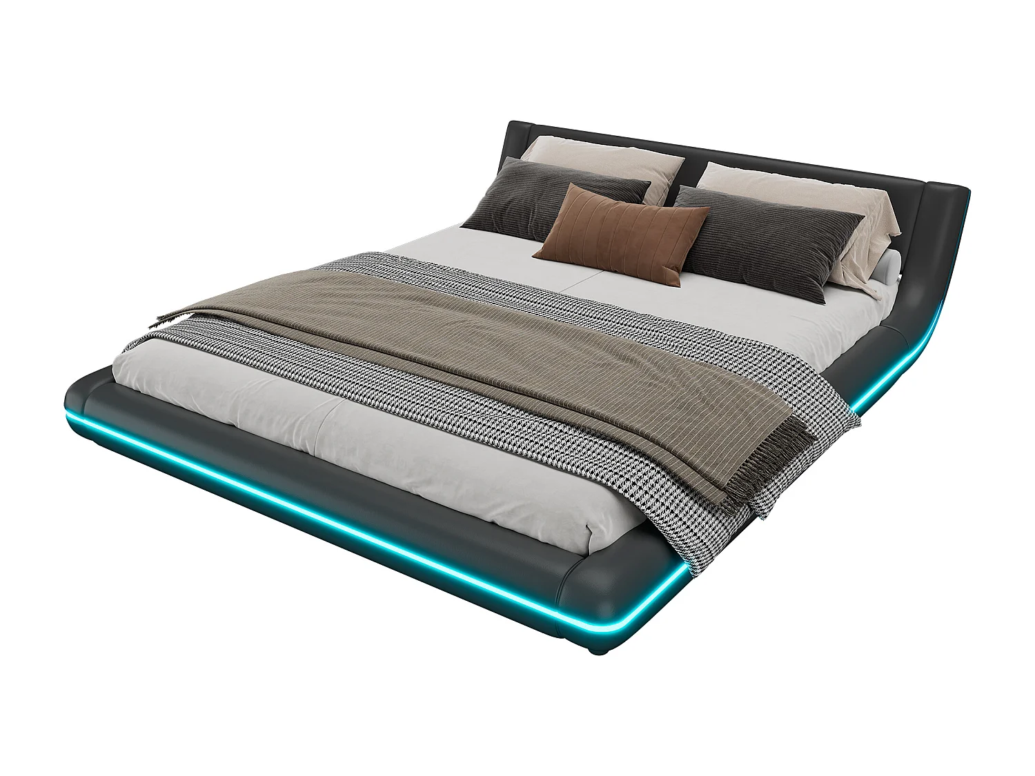 Platformbed 160x200 cm, PU vloerbed met LED-sfeerverlichting, afstandsbediening met 24 toetsen - zwart