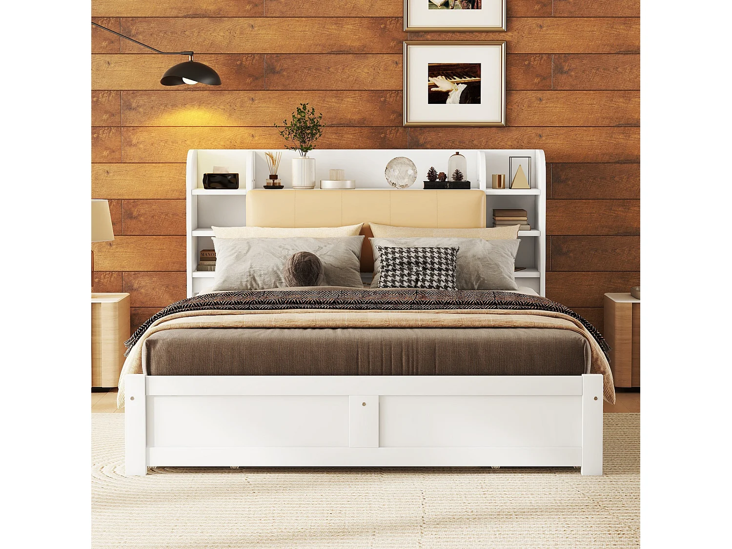 Letto a piattaforma 160x200 cm, testiera retrattile, quattro cassetti e vani portaoggetti - Bianco