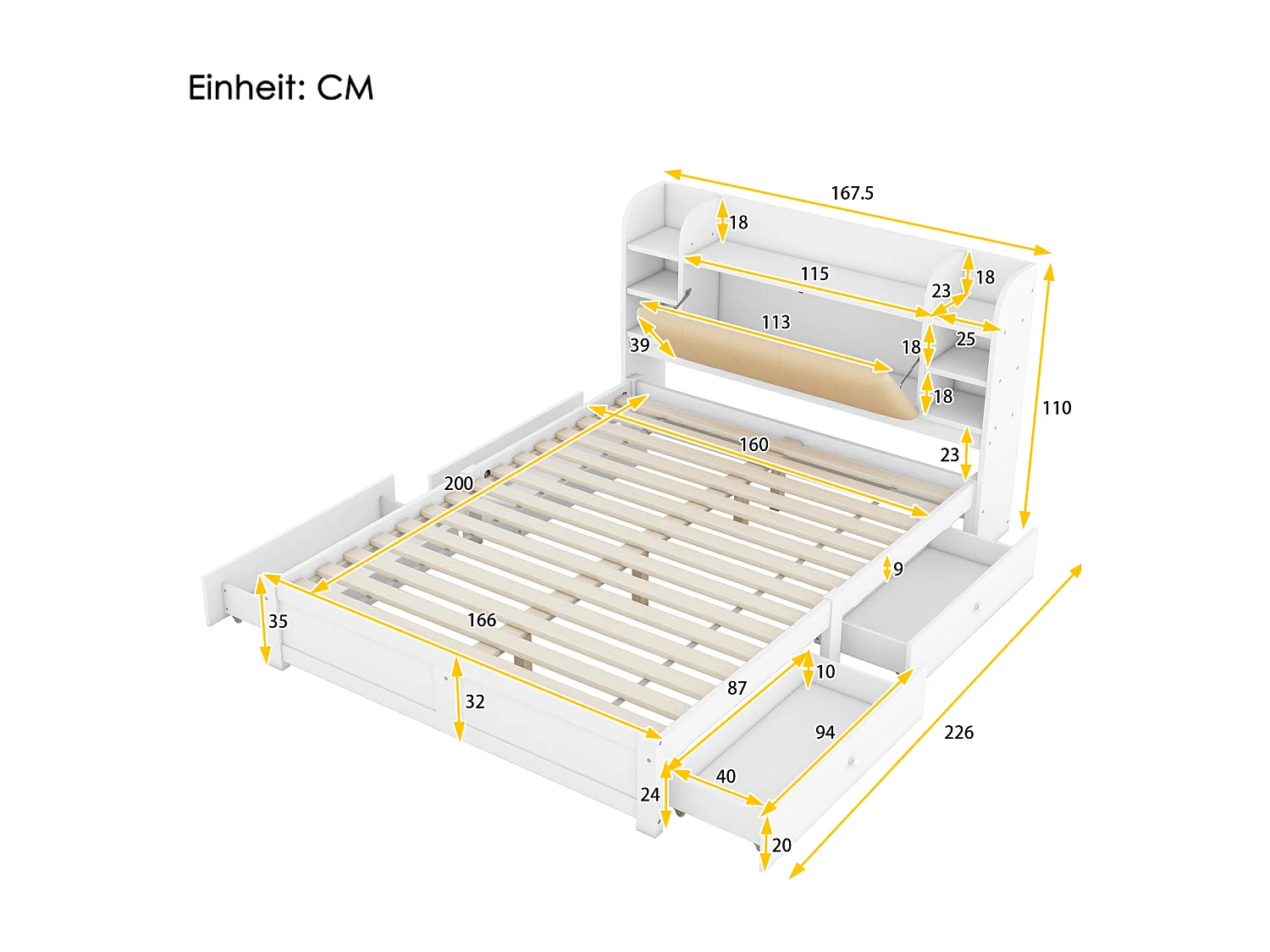 Letto a piattaforma 160x200 cm, testiera retrattile, quattro cassetti e vani portaoggetti - Bianco