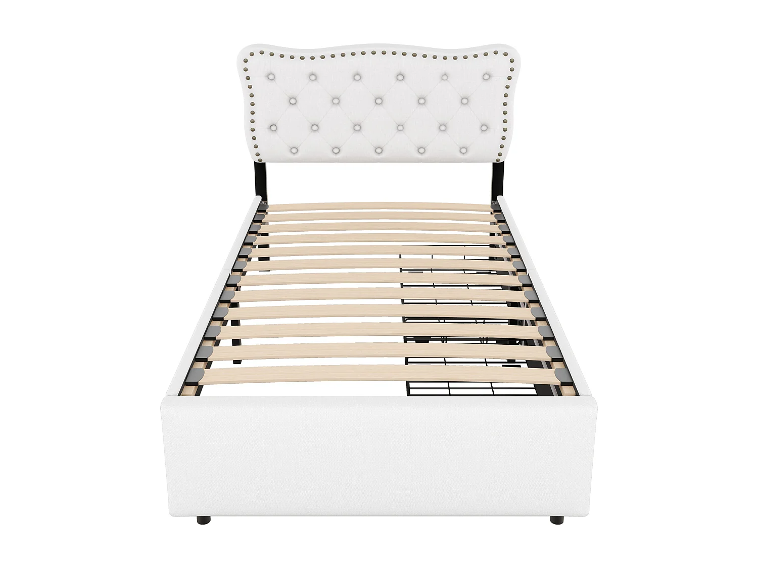 Lit Plat 90x200 cm, Lit Rembourré avec Table de Nuit et Accoudoir Décoratif, Tiroirs Doubles - Beige Clair