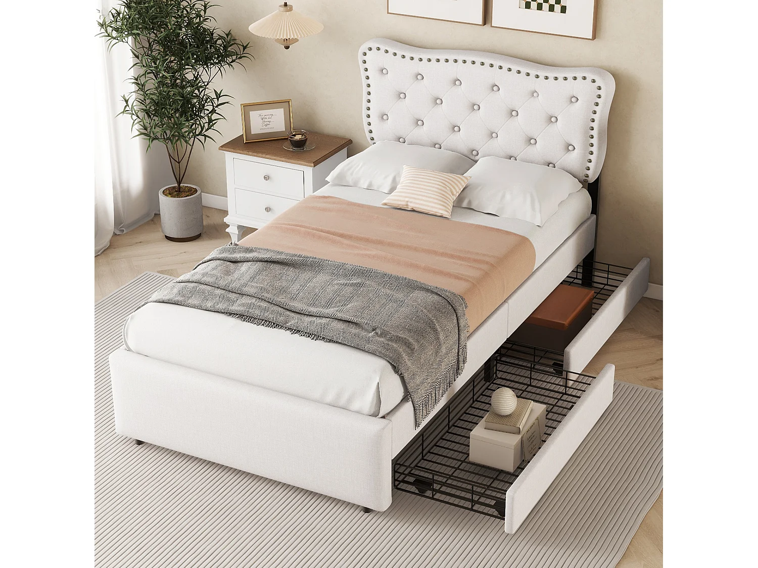 Cama plana 90x200 cm, cama estofada com mesa de cabeceira e apoio de braço decorativo, gavetas duplas - Bege claro