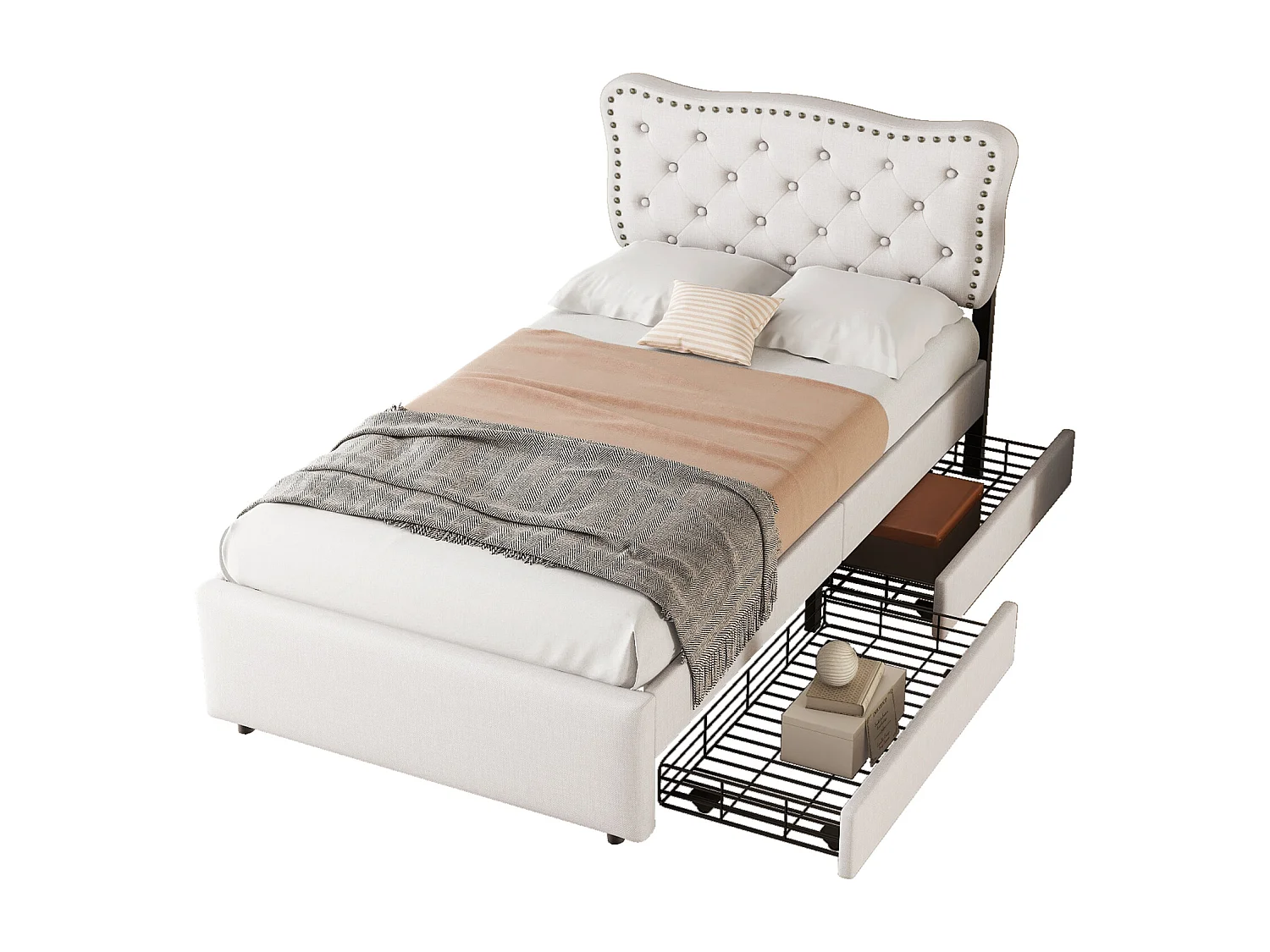Cama plana 90x200 cm, cama estofada com mesa de cabeceira e apoio de braço decorativo, gavetas duplas - Bege claro