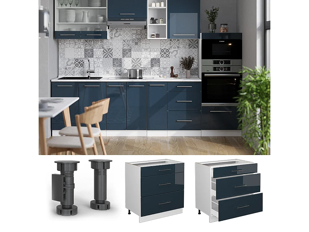 Meuble cuisine bleu foncé brillant 80x60x82 fame-line