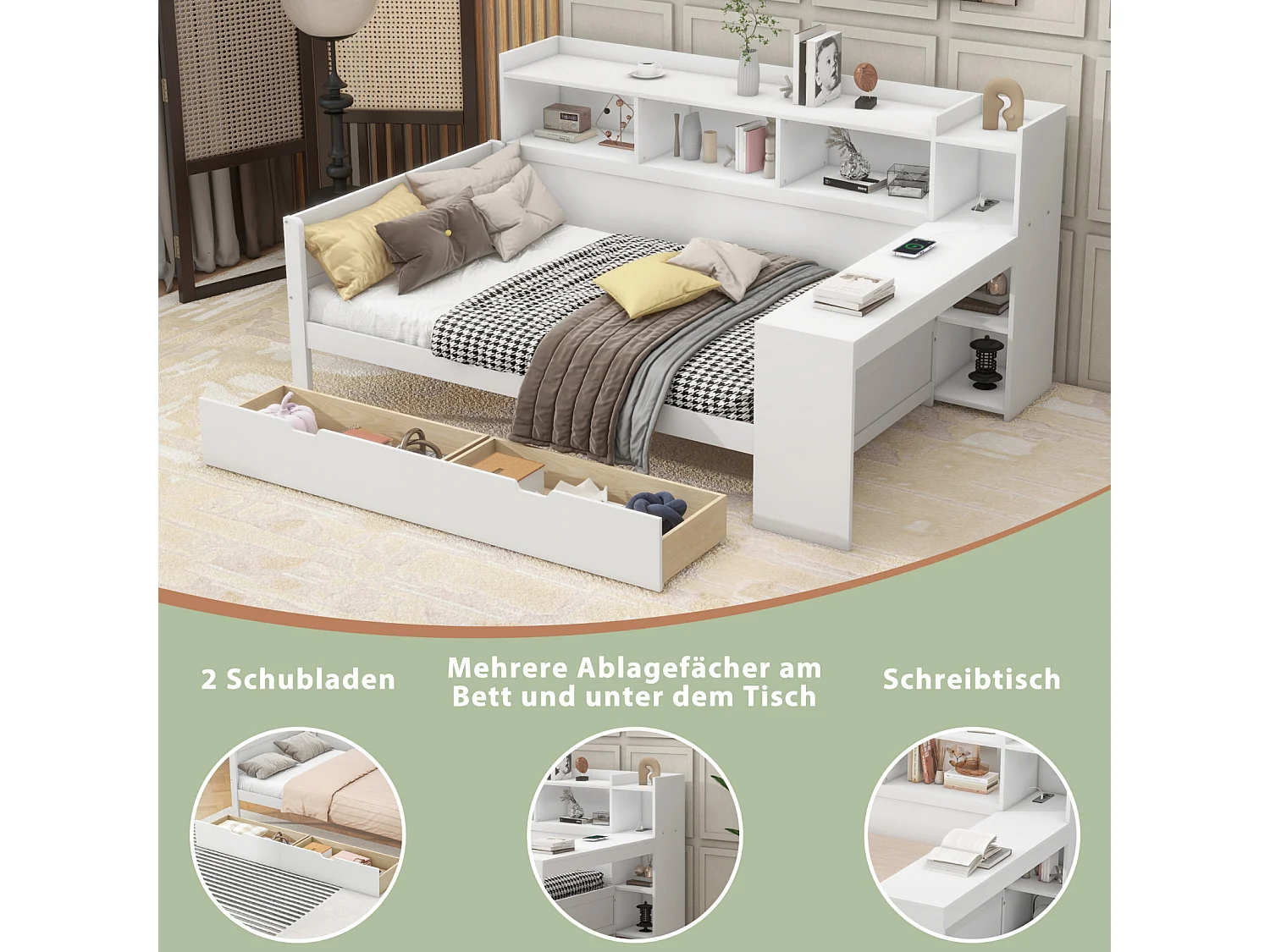 Canapé-Lit 90x200 cm, Lit de Jour avec Étagère de Nuit, Port USB, 2 Tiroirs, Bureau Intégré - Panneau de Particules, Blanc