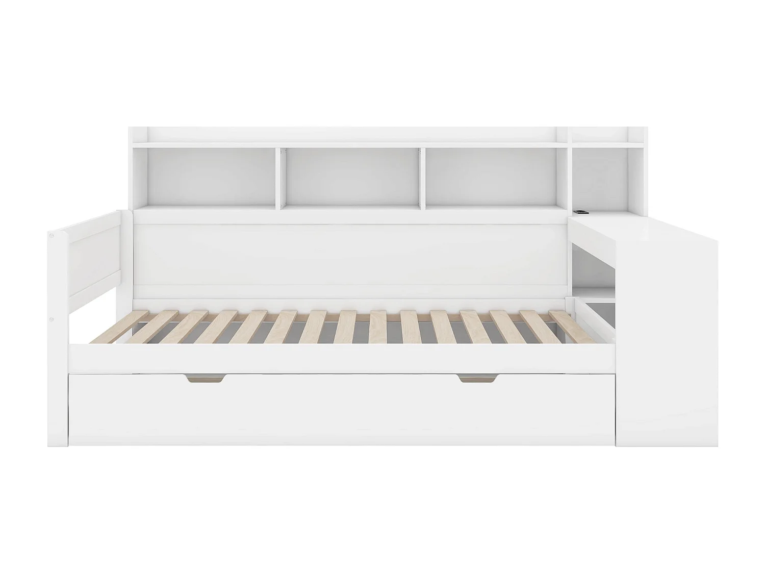 Sofá-cama 90x200 cm, sofá-cama com mesa de cabeceira, porta USB, 2 gavetas, escrivaninha integrada - Aglomerado de madeira, branco