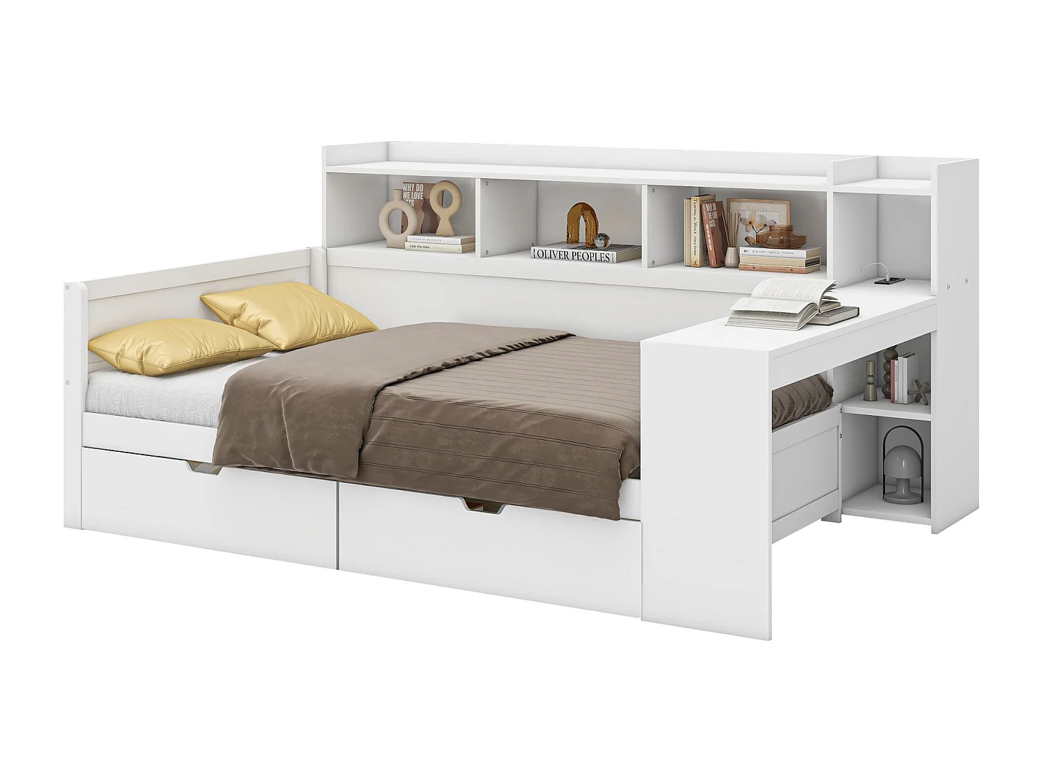 Sofá-cama 90x200 cm, sofá-cama com mesa de cabeceira, porta USB, 2 gavetas, escrivaninha integrada - Aglomerado de madeira, branco
